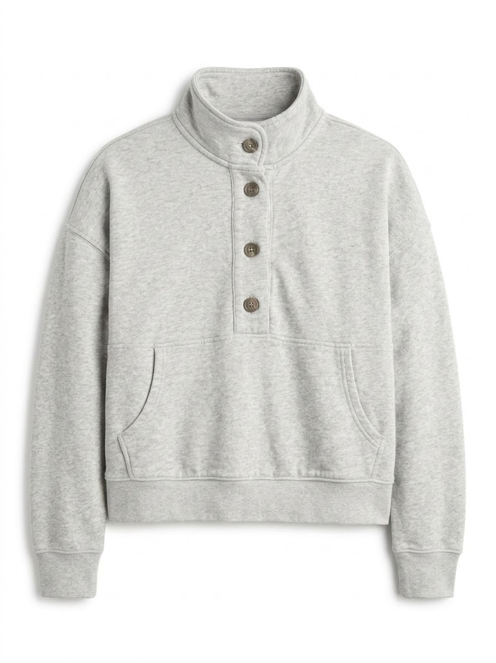 aerie Heather Light Gray Button-Front Crewneck Sweatshirt